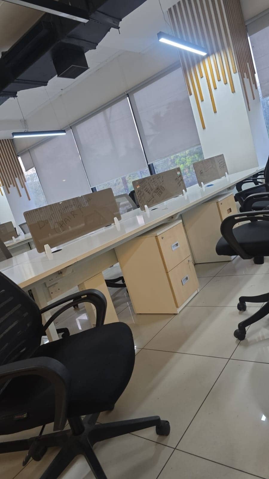 Office floor with workstations, pedestals and chairs